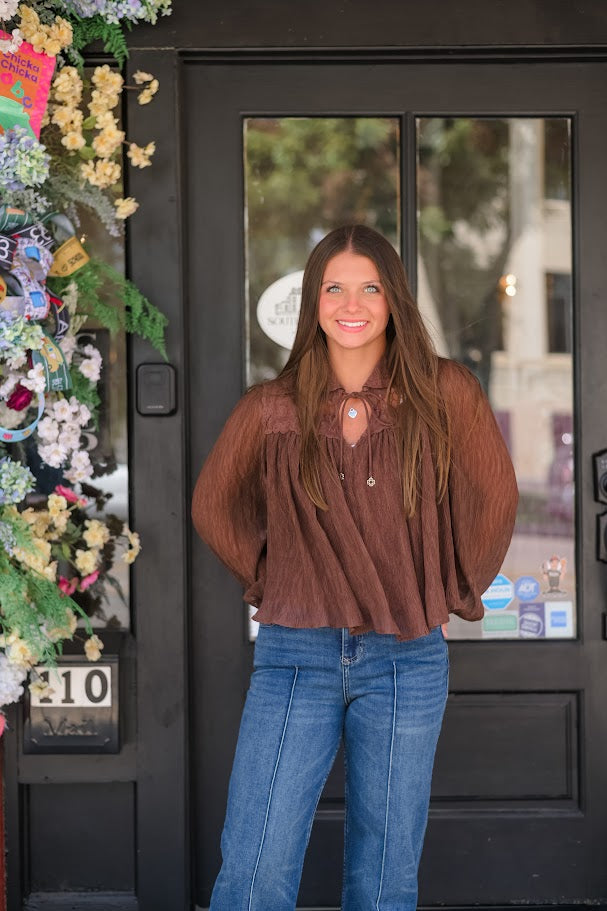 Autumn Cocoa Tie-Neck Blouse