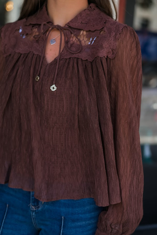 Autumn Cocoa Tie-Neck Blouse