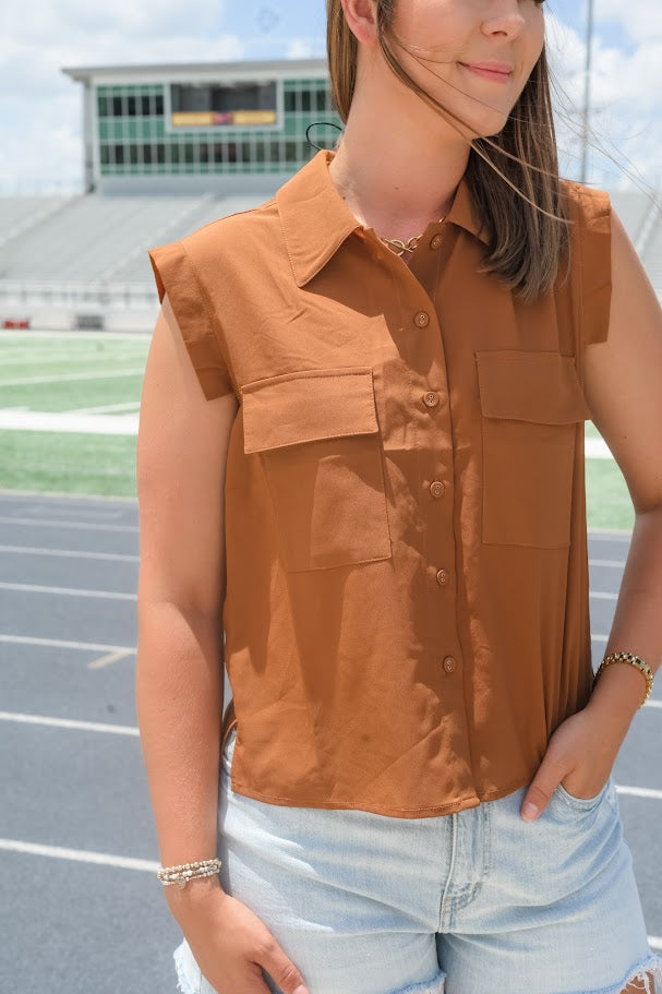 Front Pocket Button Front Sleeveless Chiffon Blouse