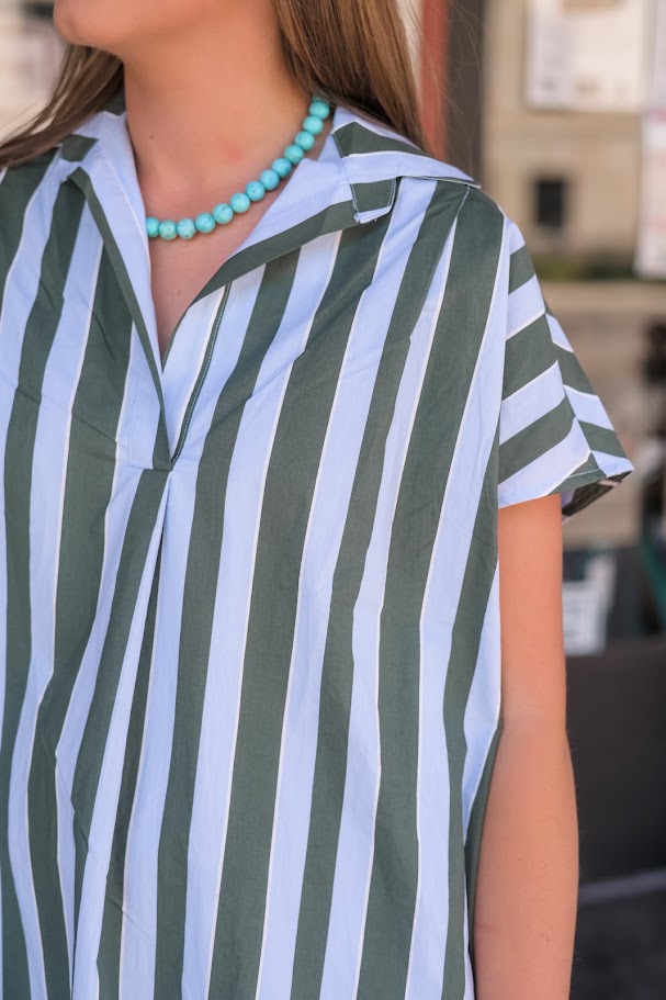 Bold Stripe Vneck Collar Signature Shirt Dress