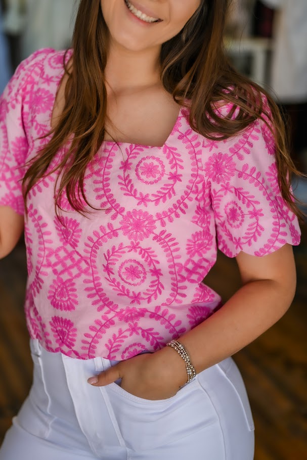 Hadley Square Neck Embroidery Scallop Top