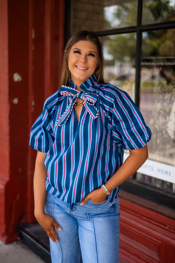 Stripe Puff Sleeve Tie Front Top
