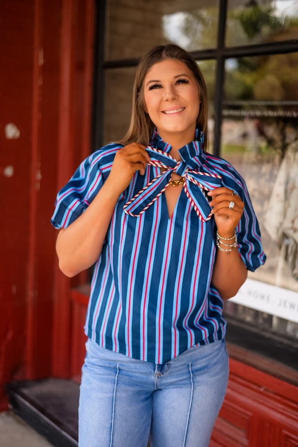 Stripe Puff Sleeve Tie Front Top