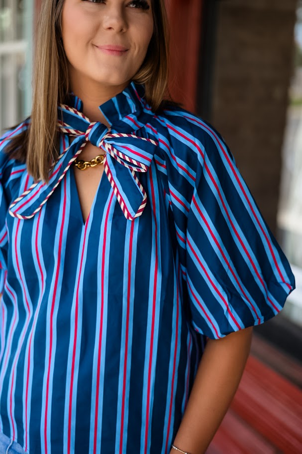 Stripe Puff Sleeve Tie Front Top