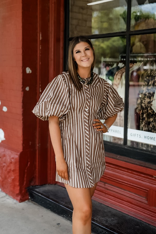 Stripe Scallop Puff Slv Shirt Dress