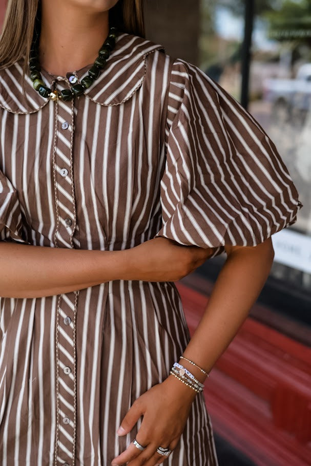 Stripe Scallop Puff Slv Shirt Dress