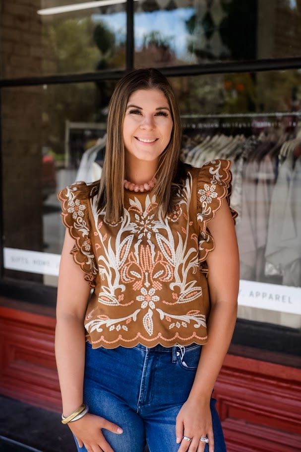 Flutter Sleeve Suede Embroidery Detail Top