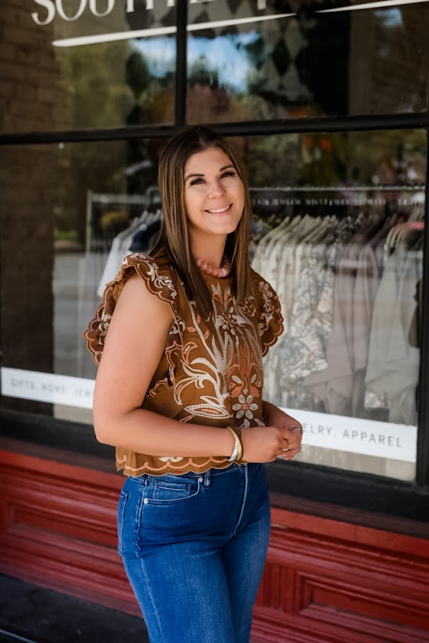 Flutter Sleeve Suede Embroidery Detail Top