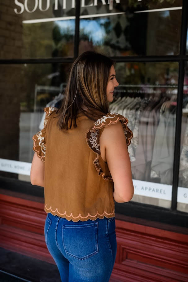 Flutter Sleeve Suede Embroidery Detail Top