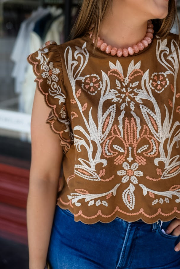 Flutter Sleeve Suede Embroidery Detail Top