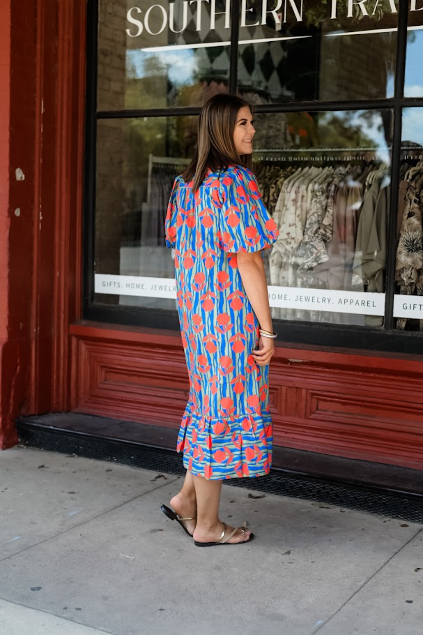 Stripe Mod Floral Puff Sleeve Maxi Dress