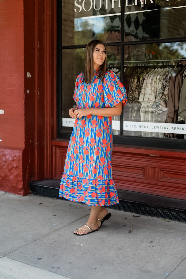Stripe Mod Floral Puff Sleeve Maxi Dress