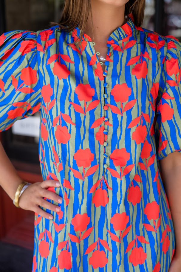 Stripe Mod Floral Puff Sleeve Maxi Dress
