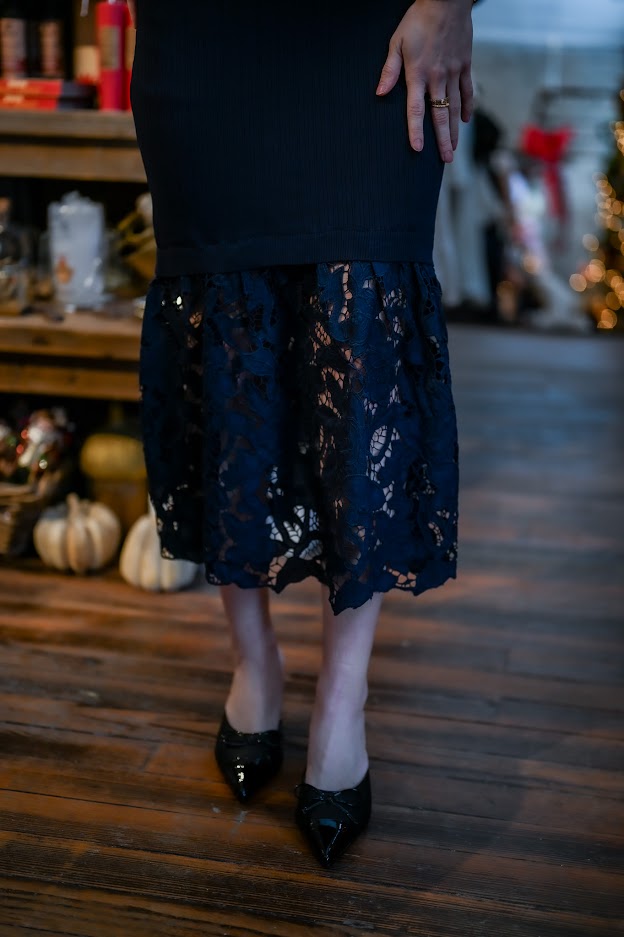 Brielle Mock Neck Rib Knit Lace Midi Dress