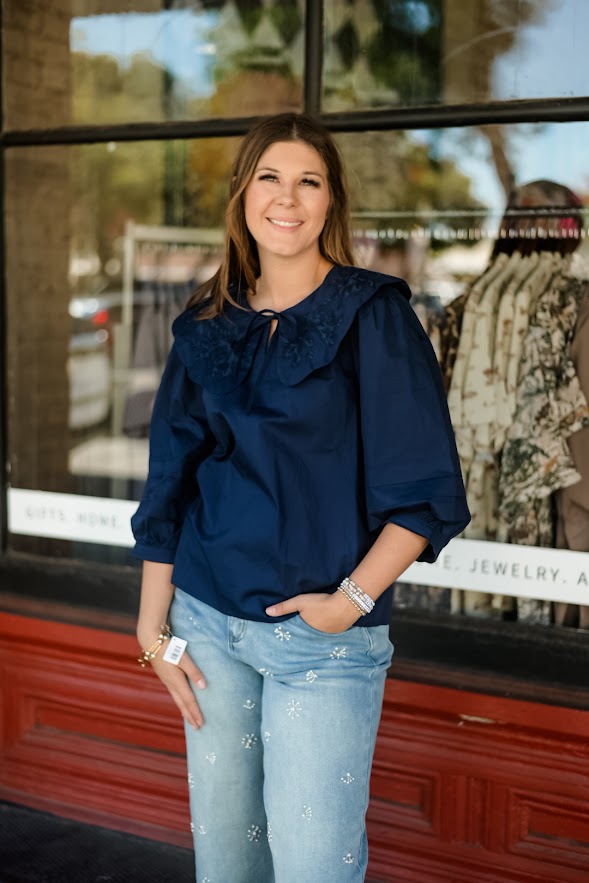 Navy Flutter-Collar Blouse