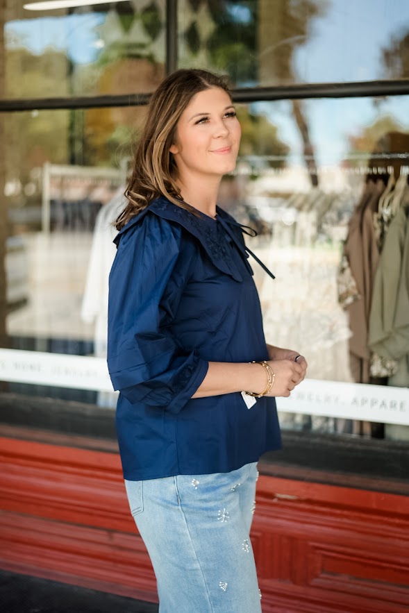 Navy Flutter-Collar Blouse