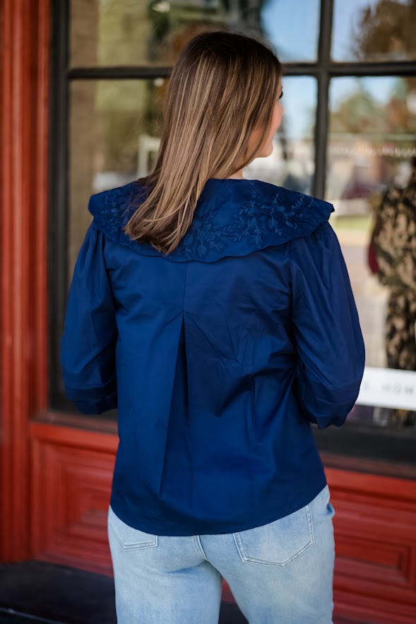 Navy Flutter-Collar Blouse