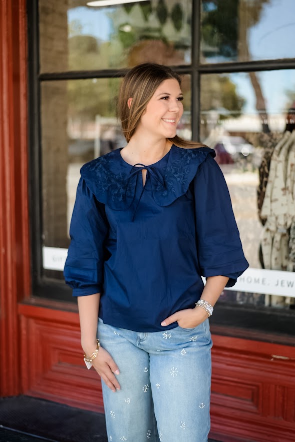 Navy Flutter-Collar Blouse