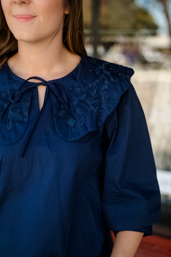 Navy Flutter-Collar Blouse