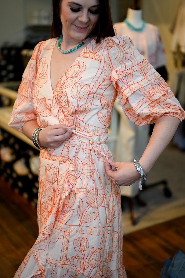 Haven Ruffle Embroidery Wrap Midi Dress