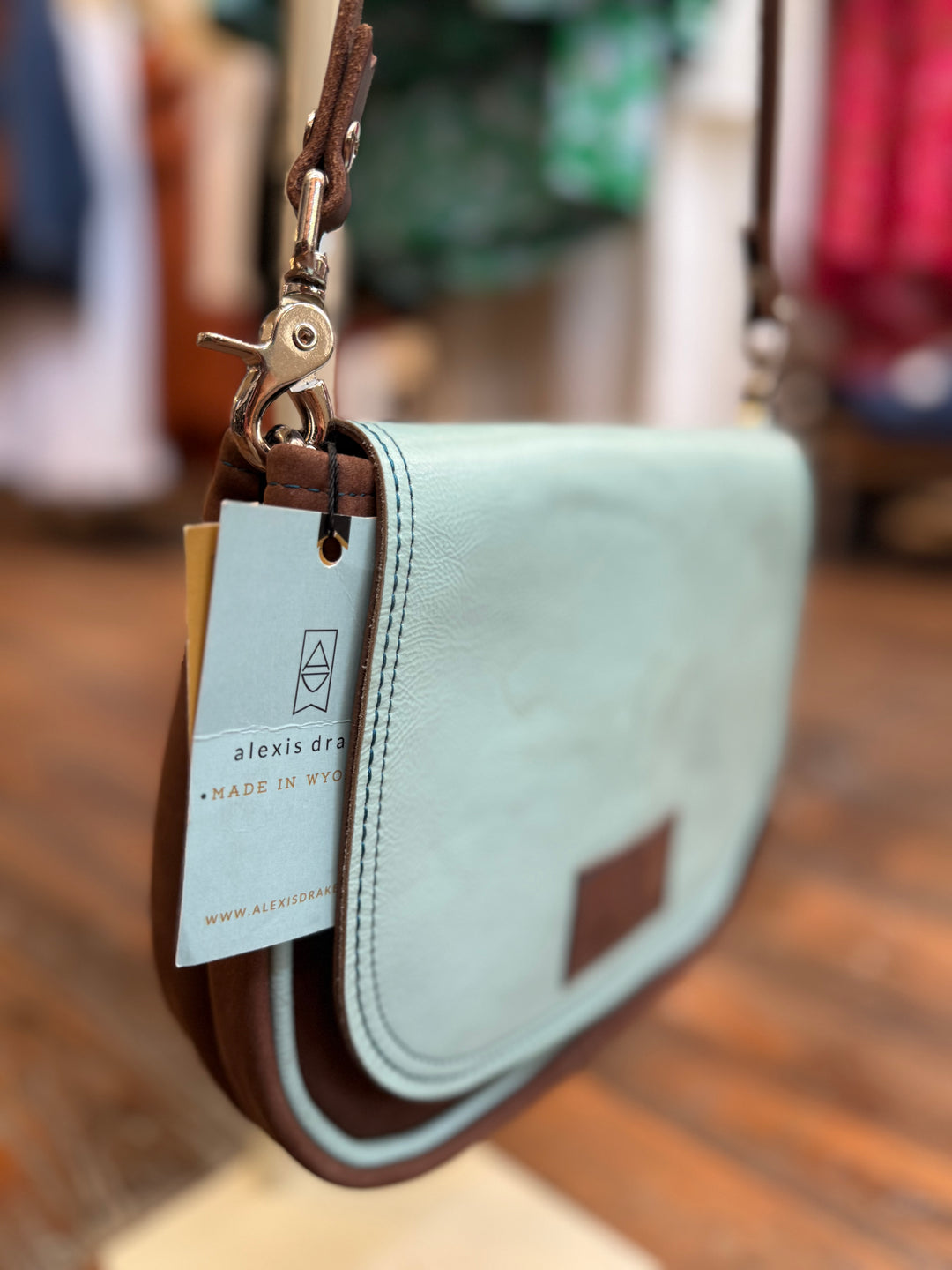 Mini E Crossbody - Mocha Suede + Ice Blue Box
