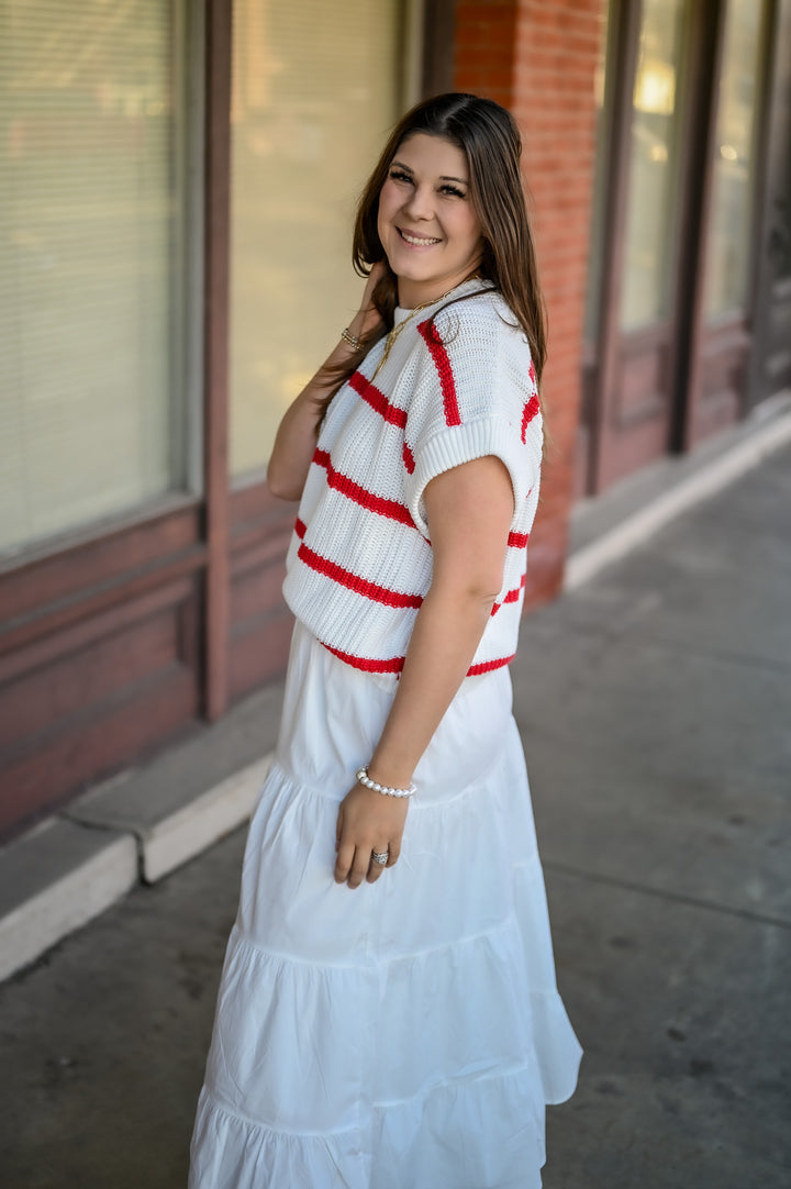 Tiered Sweater Maxi Dress White/White Red Stripe