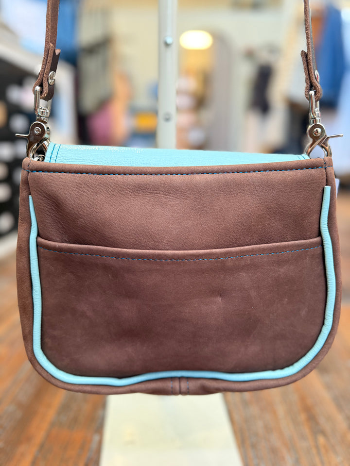 Mini E Crossbody - Mocha Suede + Ice Blue Box