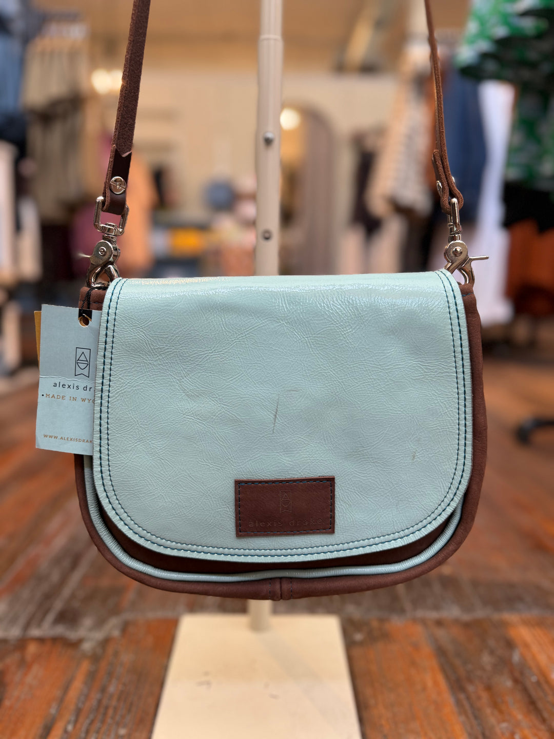 Mini E Crossbody - Mocha Suede + Ice Blue Box