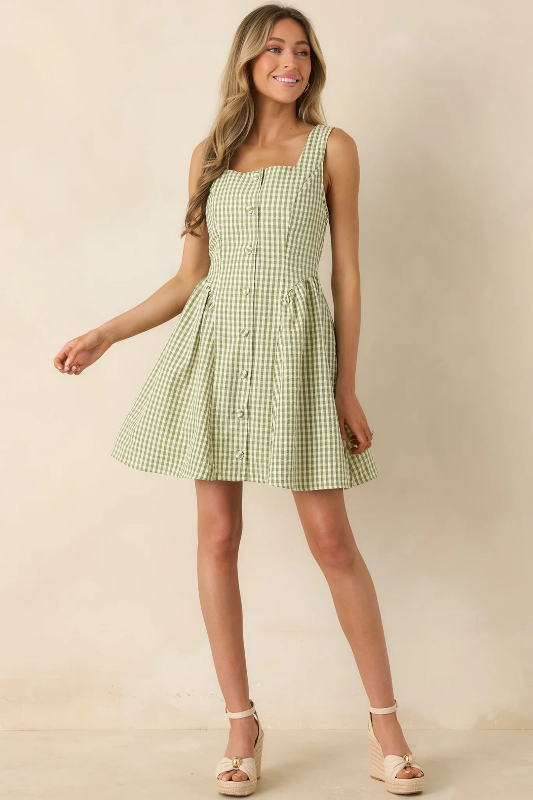 Olive Check Button-Front Dress