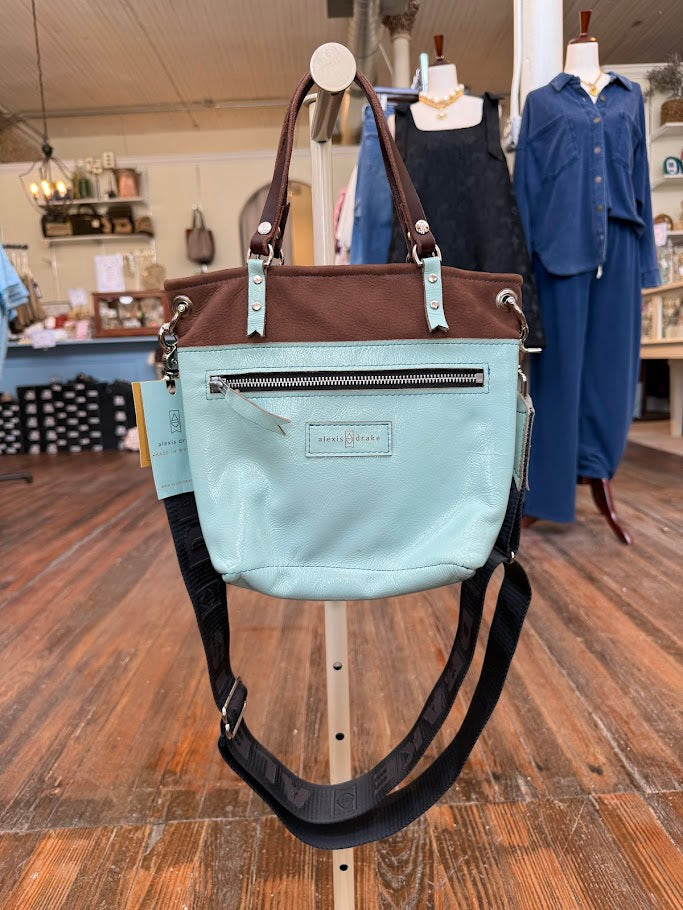 Amika Satchel + Crossbody | Mocha Suede + Ice Blue Box