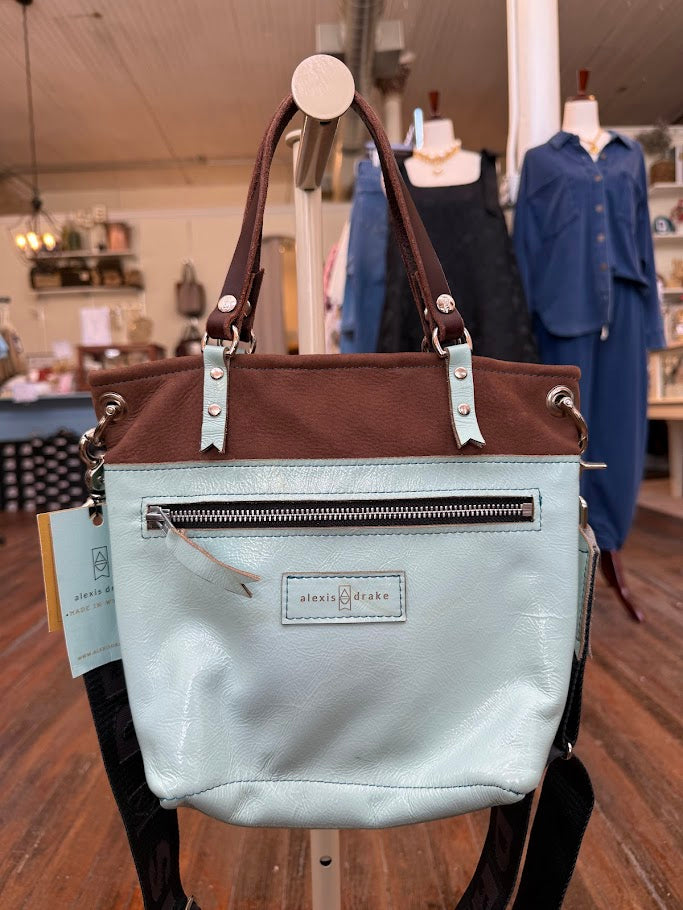Amika Satchel + Crossbody | Mocha Suede + Ice Blue Box
