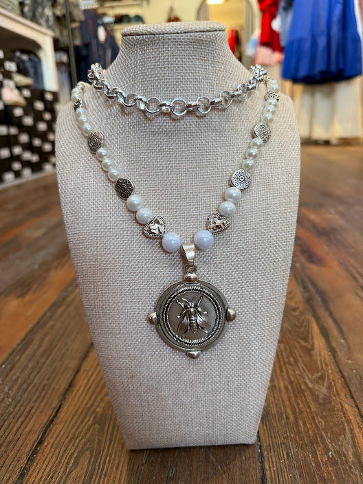 Silver/Pearl Bee Necklace