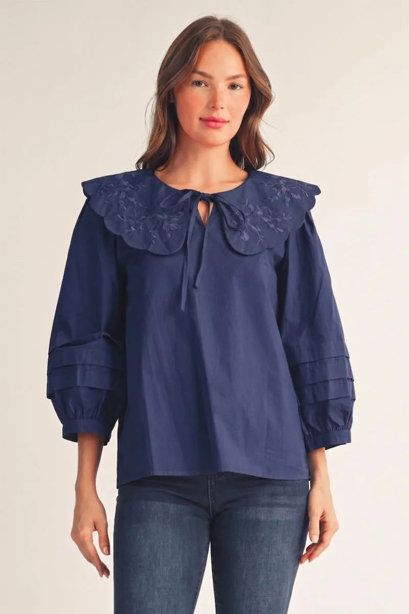 Navy Flutter-Collar Blouse