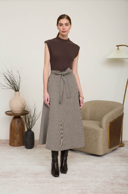 Harvest Houndstooth Belted Midi Dress