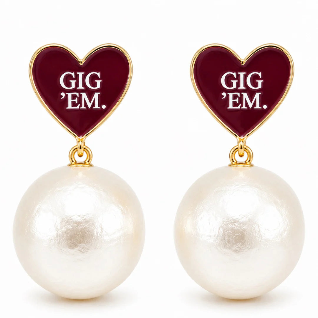 Texas A&M Heart Pearl Drop Earrings