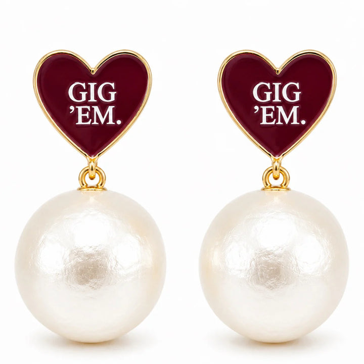 Texas A&M Heart Pearl Drop Earrings