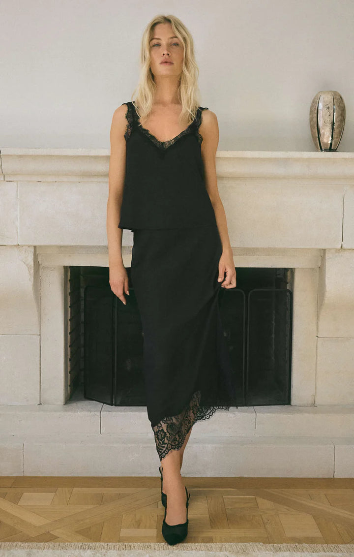 Cinder Lace Satin Midi Skirt - Black