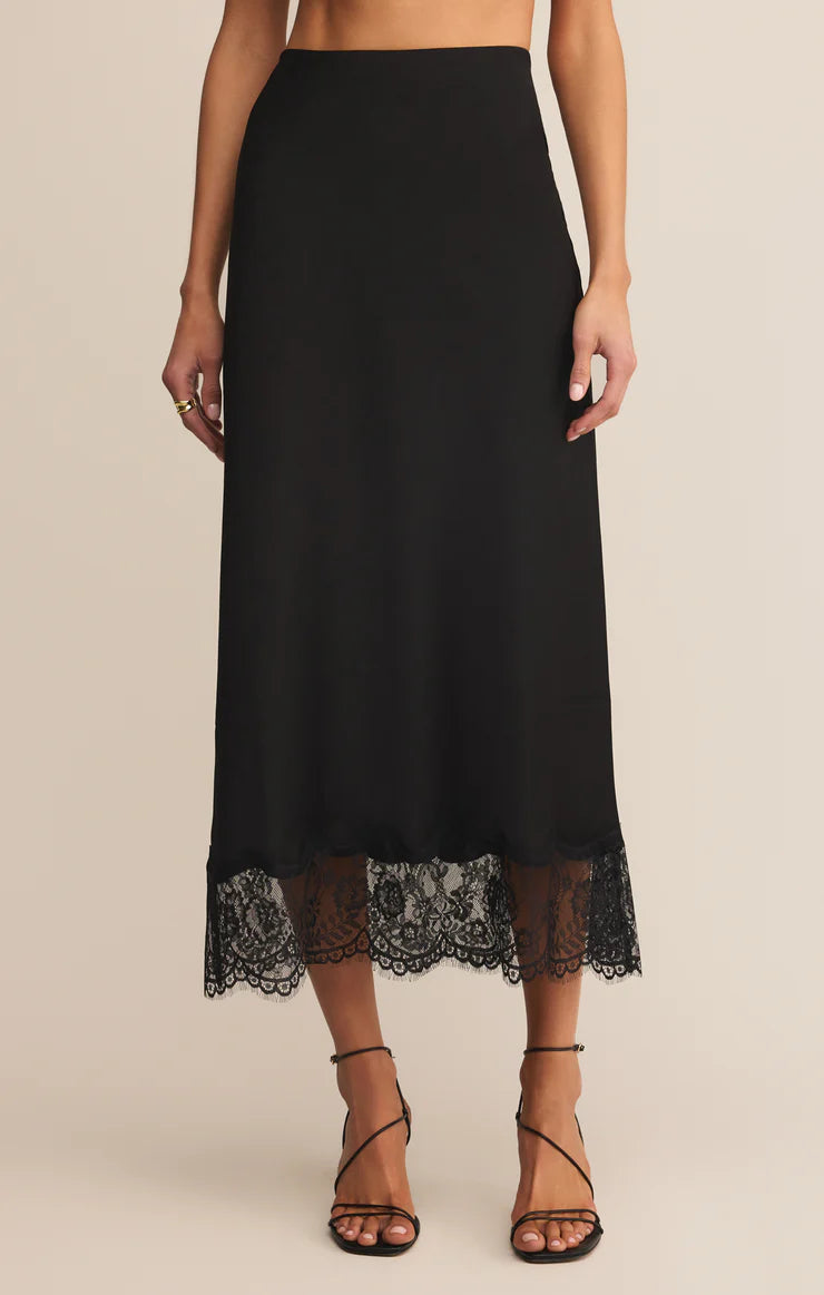 Cinder Lace Satin Midi Skirt - Black