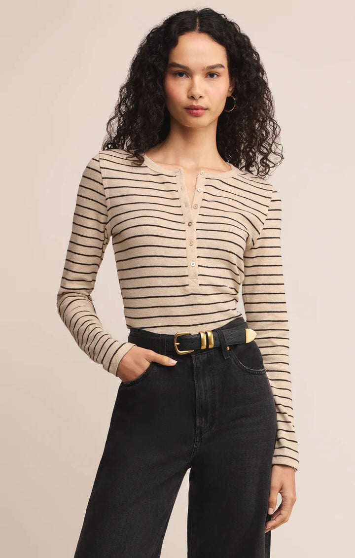 Eve Stripe Henley LS -  Light Oatmeal