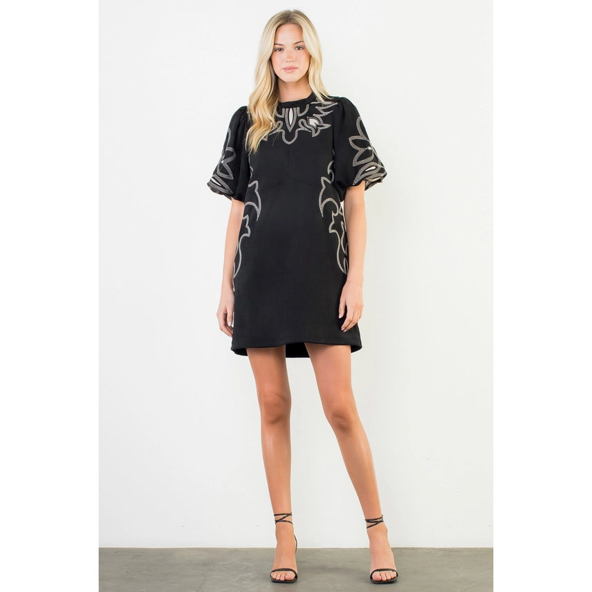 Puff Sleeve Embroidery Detail Suede Dress