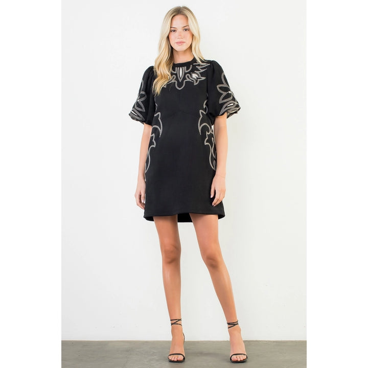 Puff Sleeve Embroidery Detail Suede Dress