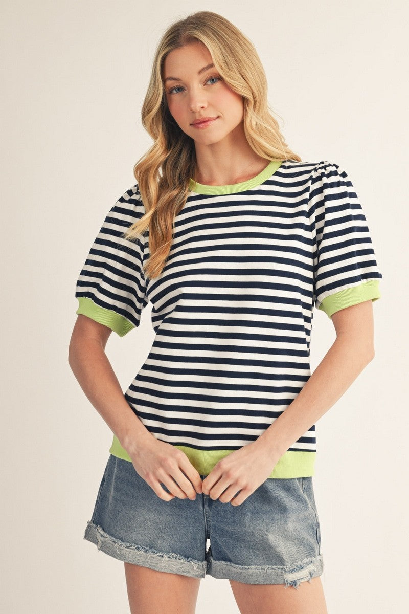 Rib Band Binding Detail Stripe Top - NAVY