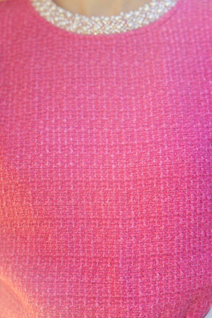 Pearl Trim Detailed Neck Bubble Sleeve Tweed Top