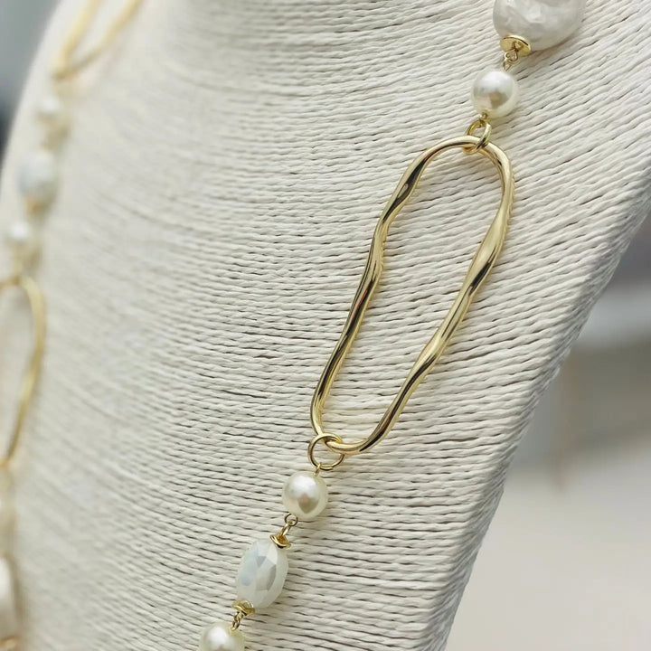Long Pearl & Stone Necklace