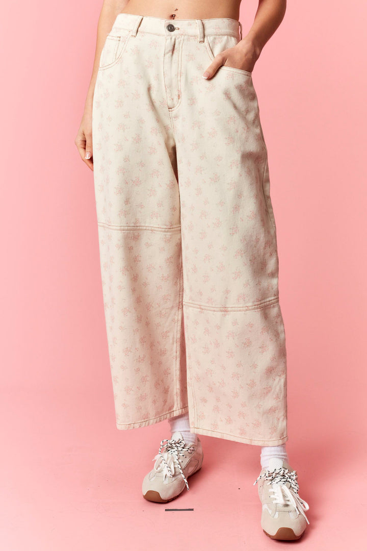 Ditsy Flower Printed Twill Denim Washed Barrel Pants