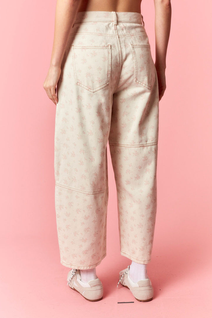 Ditsy Flower Printed Twill Denim Washed Barrel Pants